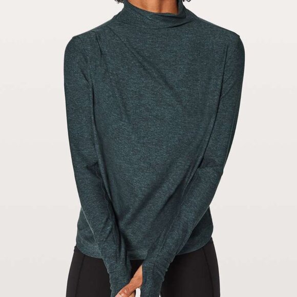 Lululemon Morning Miles Long Sleeve Top -Heathered Nocturnal Teal / Black, Sz 12 - Picture 1 of 11